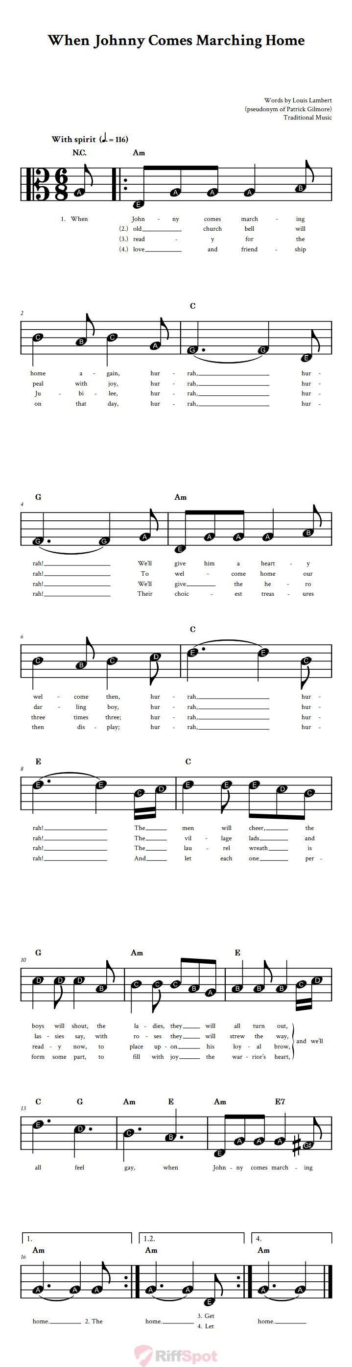 When Johnny Comes Marching Home Beginner Alto Clef Sheet Music With Letters for Note Names