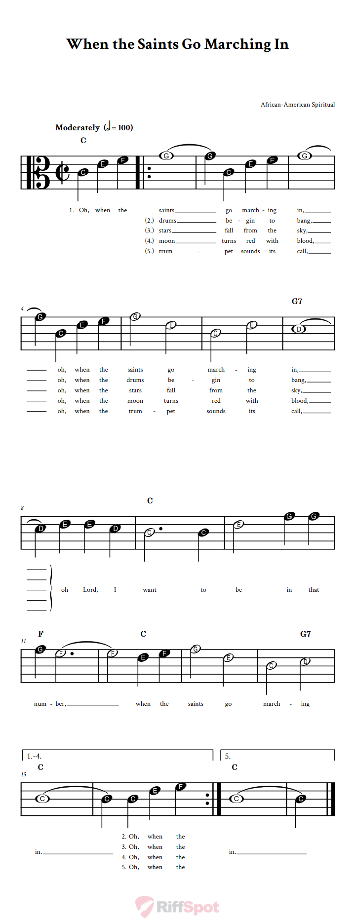 When the Saints Go Marching In Beginner Alto Clef Sheet Music With Letters for Note Names