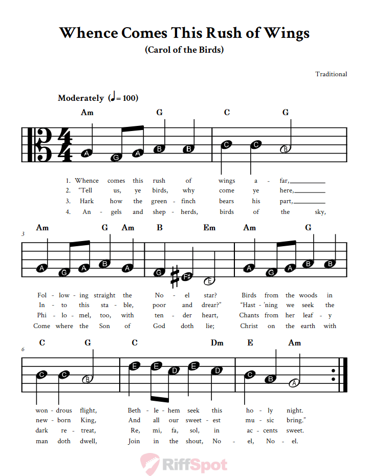 Whence Comes This Rush of Wings Beginner Alto Clef Sheet Music With Letters for Note Names