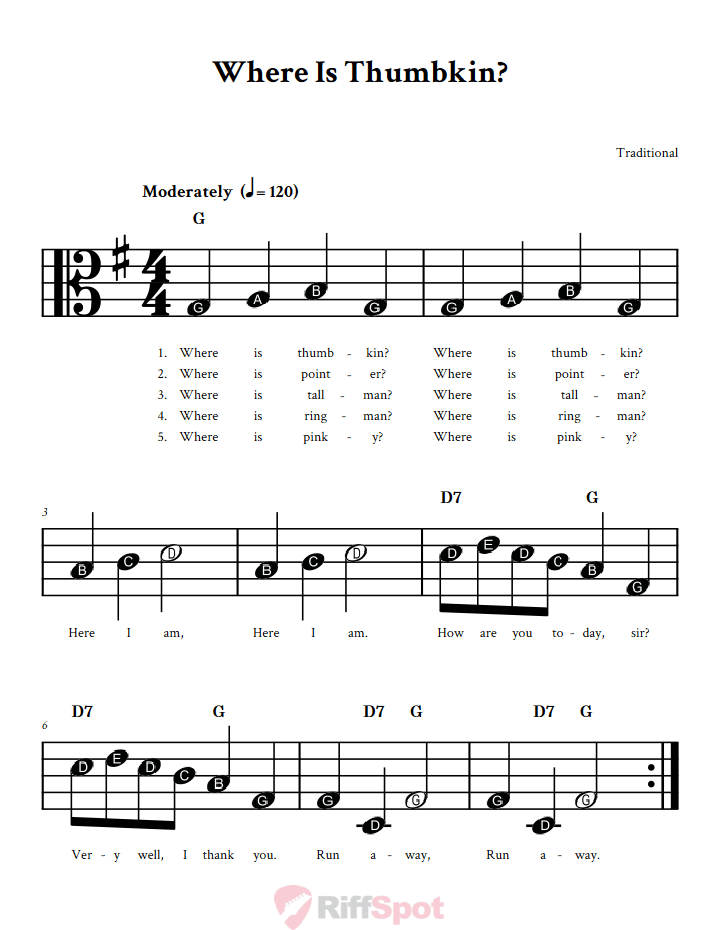Where Is Thumbkin? Beginner Alto Clef Sheet Music With Letters for Note Names
