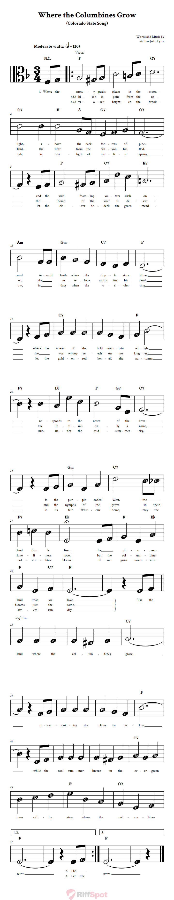 Where the Columbines Grow Beginner Alto Clef Sheet Music With Letters for Note Names