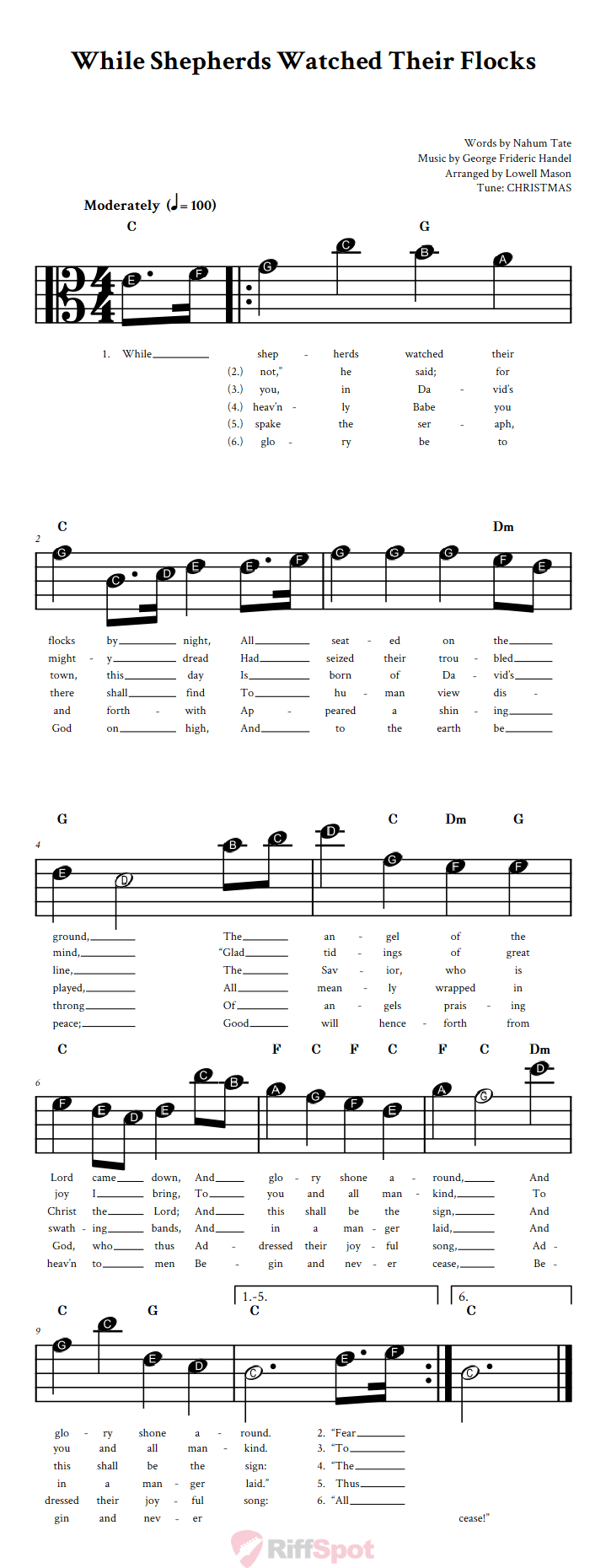 While Shepherds Watched Their Flocks Beginner Alto Clef Sheet Music With Letters for Note Names