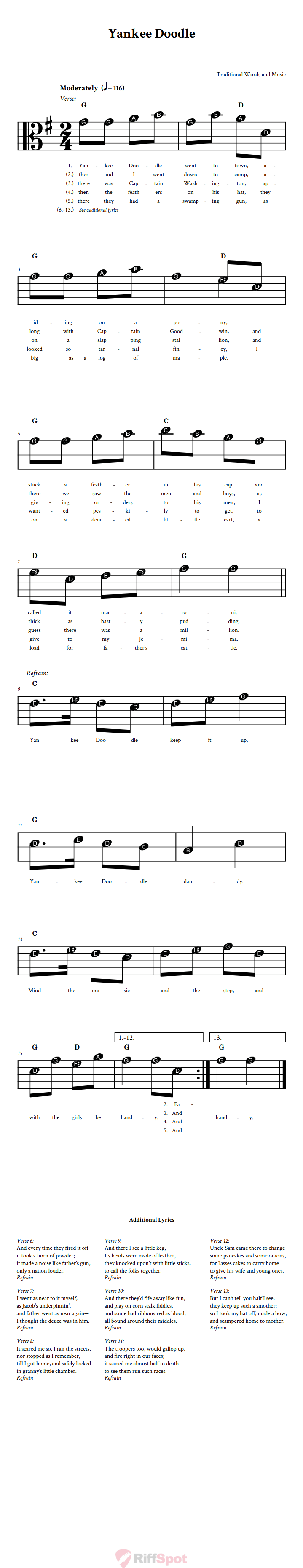 Yankee Doodle Beginner Alto Clef Sheet Music With Letters for Note Names