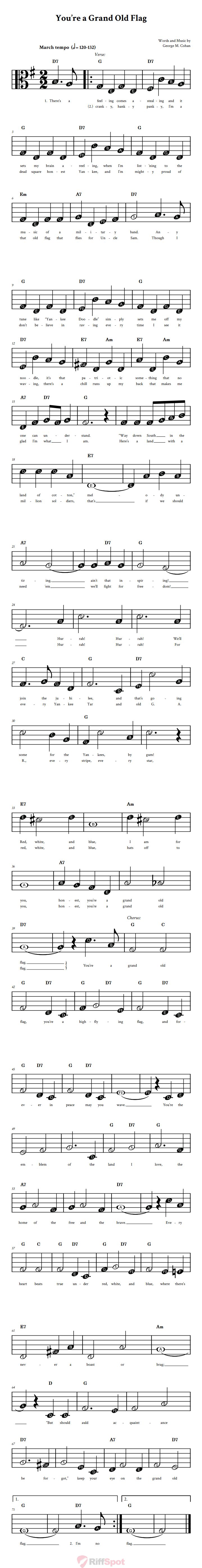 You're a Grand Old Flag Beginner Alto Clef Sheet Music With Letters for Note Names