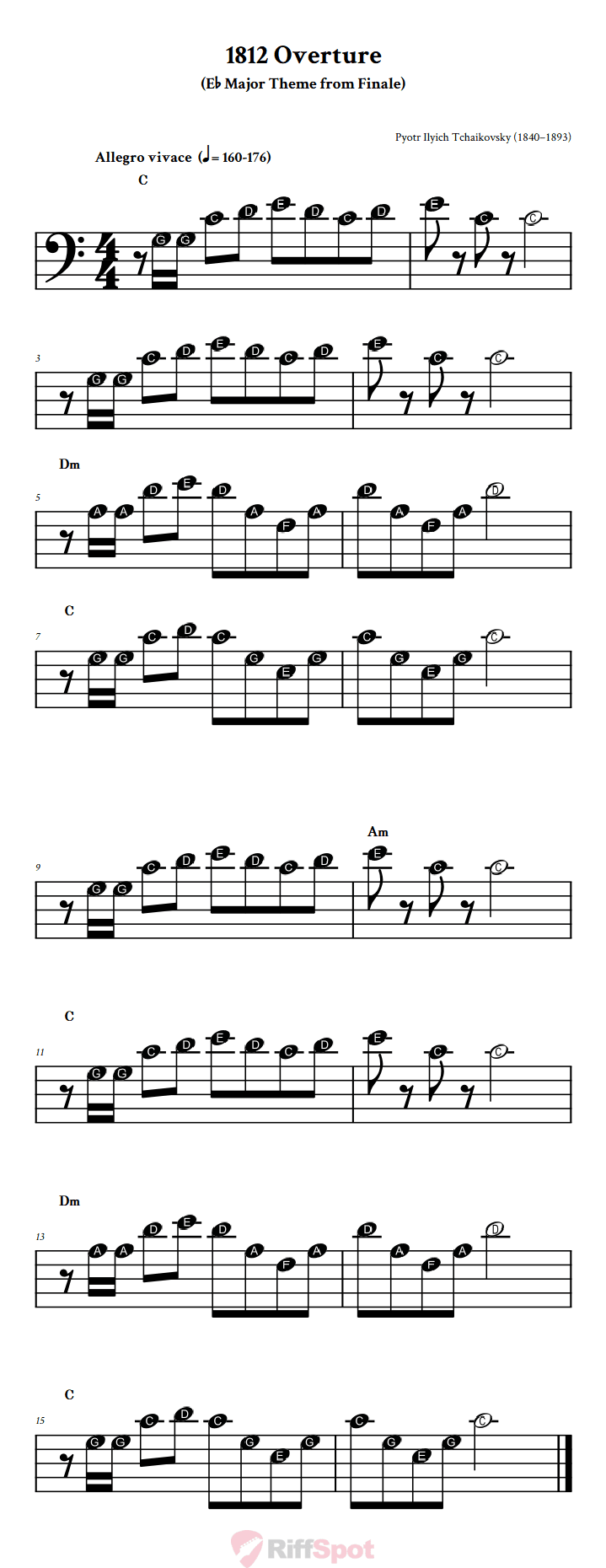 1812 Overture Beginner Bass Clef Sheet Music With Letters for Note Names