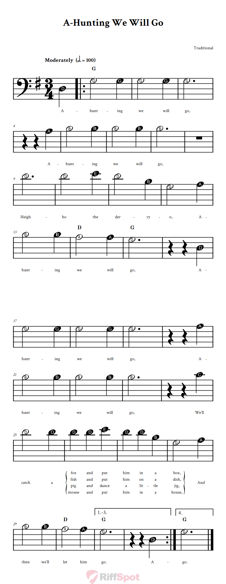 A-Hunting We Will Go Beginner Bass Clef Sheet Music With Letters for Note Names