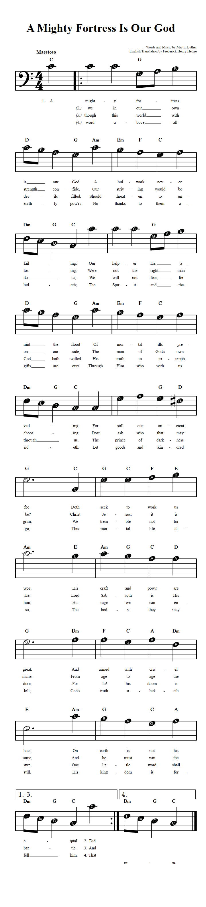 A Mighty Fortress Is Our God  Beginner Bass Clef Sheet Music