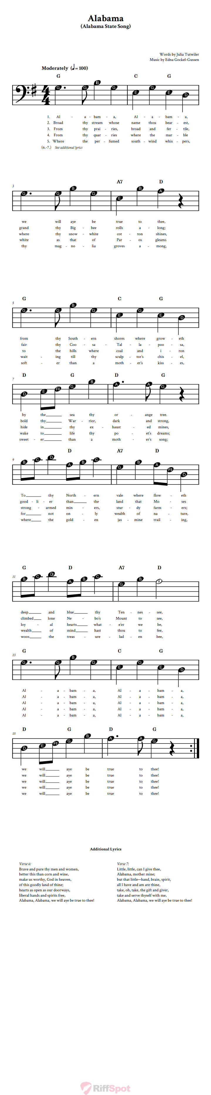 Alabama Beginner Bass Clef Sheet Music With Letters for Note Names