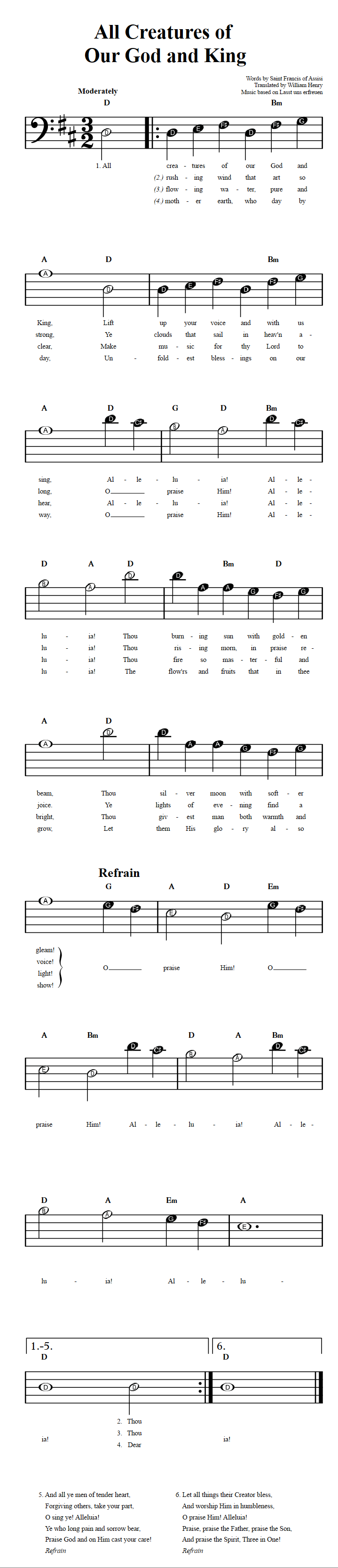 All Creatures of Our God and King  Beginner Bass Clef Sheet Music