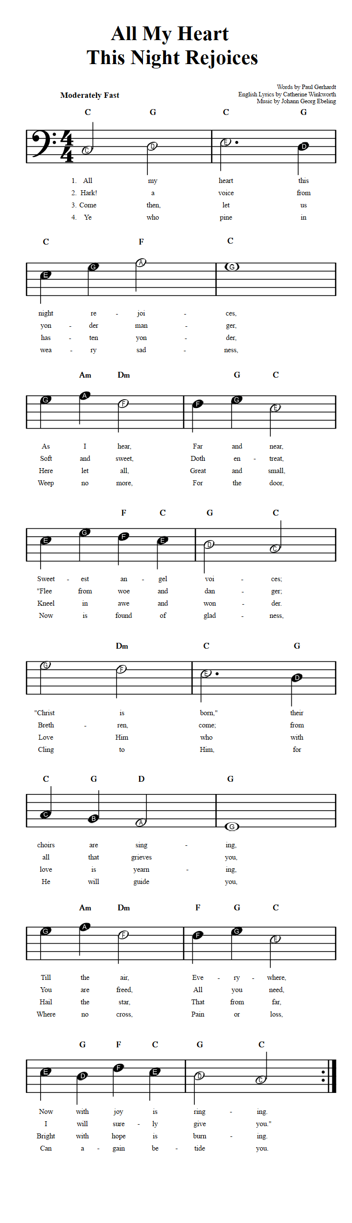 All My Heart This Night Rejoices  Beginner Bass Clef Sheet Music