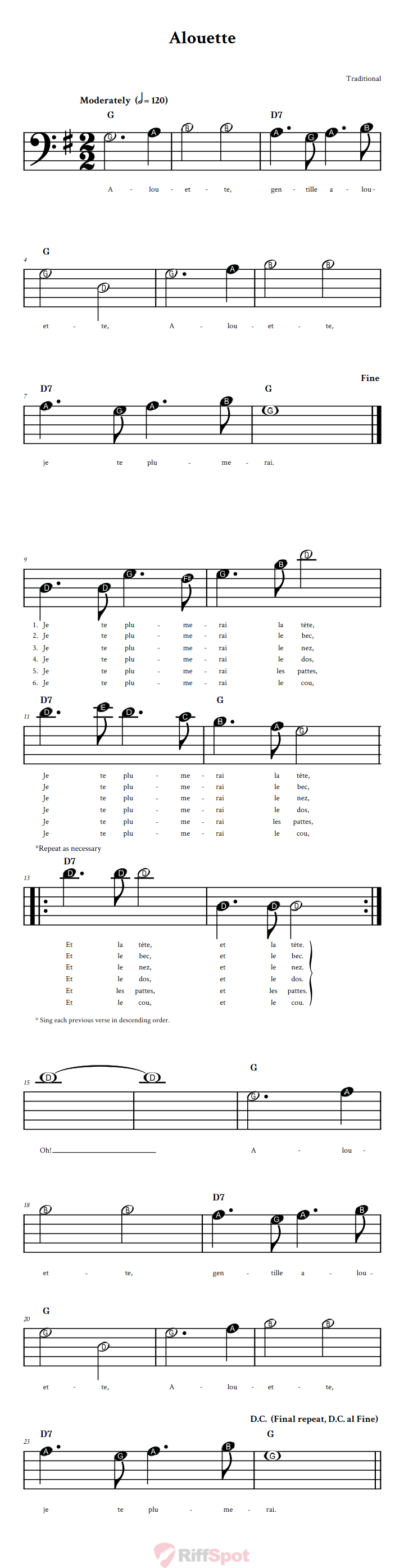 Alouette Beginner Bass Clef Sheet Music With Letters for Note Names
