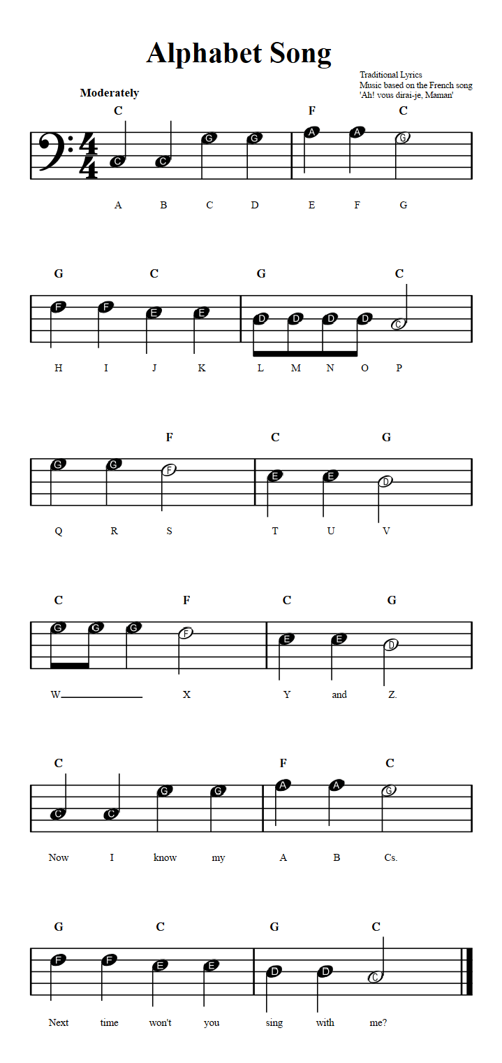 Alphabet Song: Beginner Bass Clef Sheet Music with Chords and Lyrics