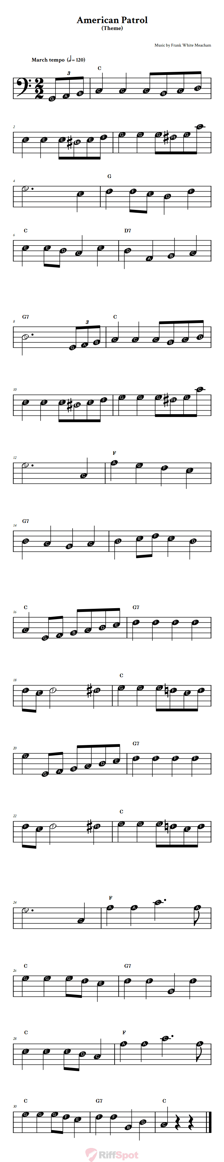 American Patrol Beginner Bass Clef Sheet Music With Letters for Note Names