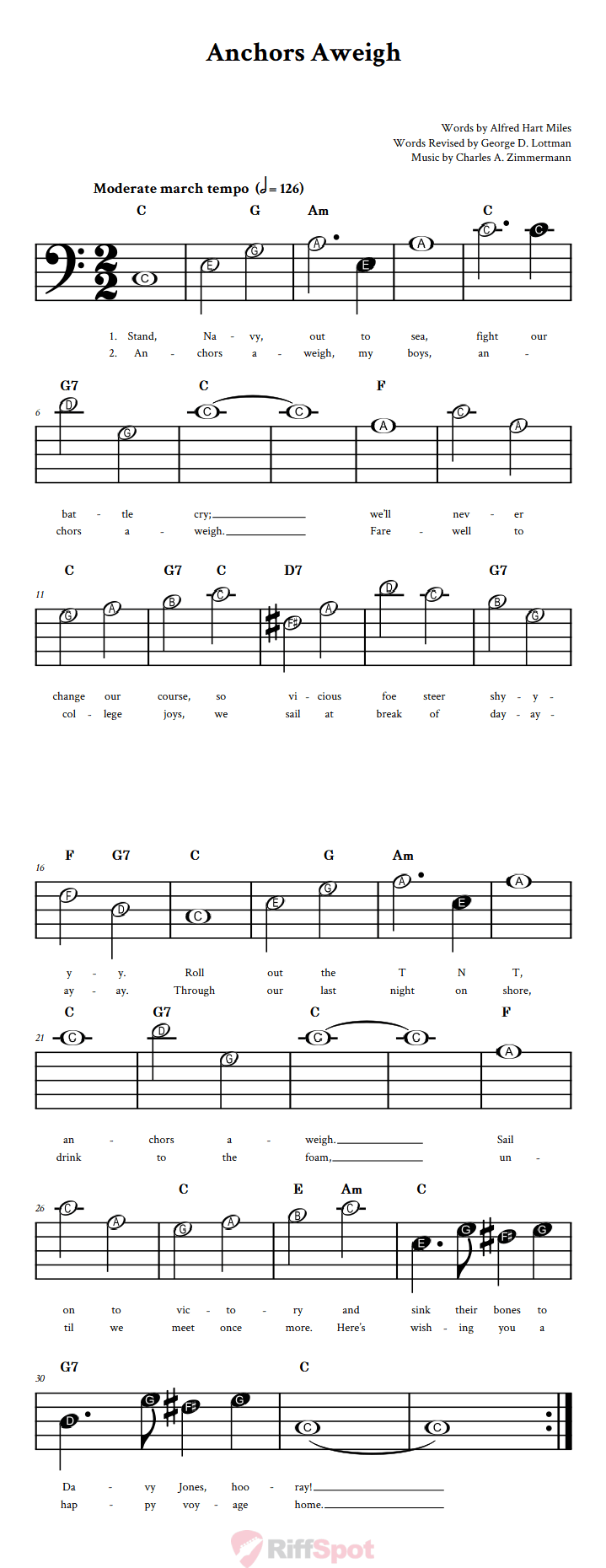 Anchors Aweigh Beginner Bass Clef Sheet Music With Letters for Note Names