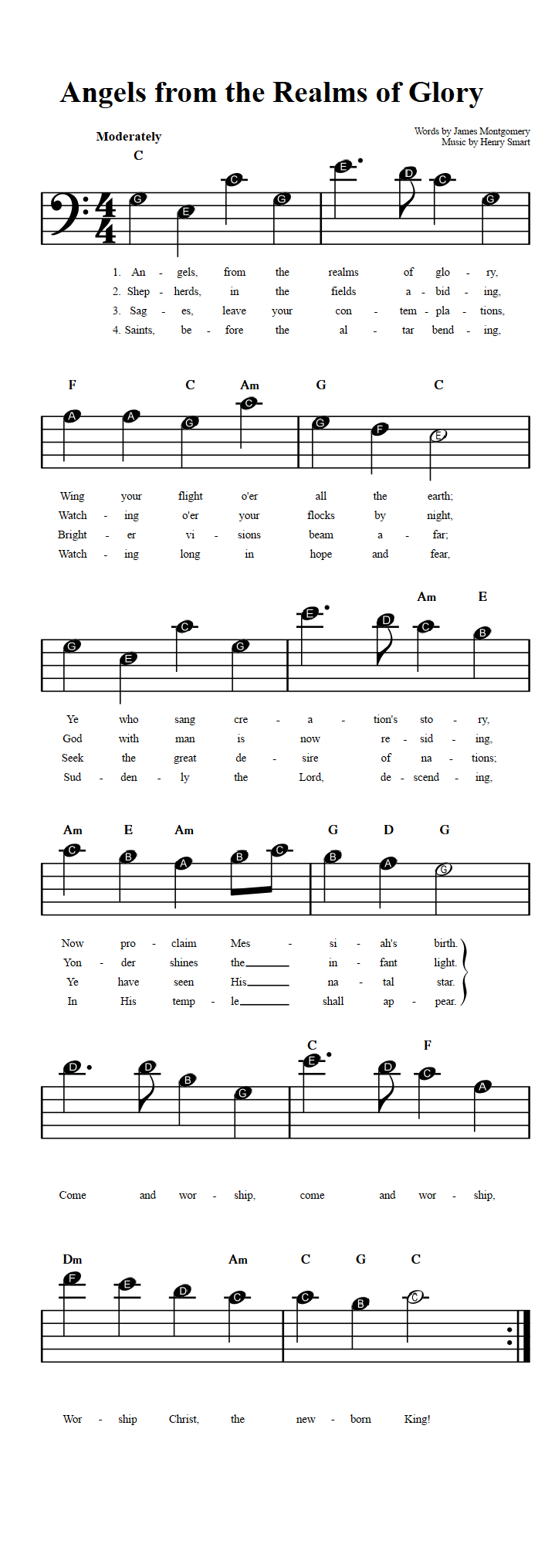 Angels from the Realms of Glory  Beginner Bass Clef Sheet Music