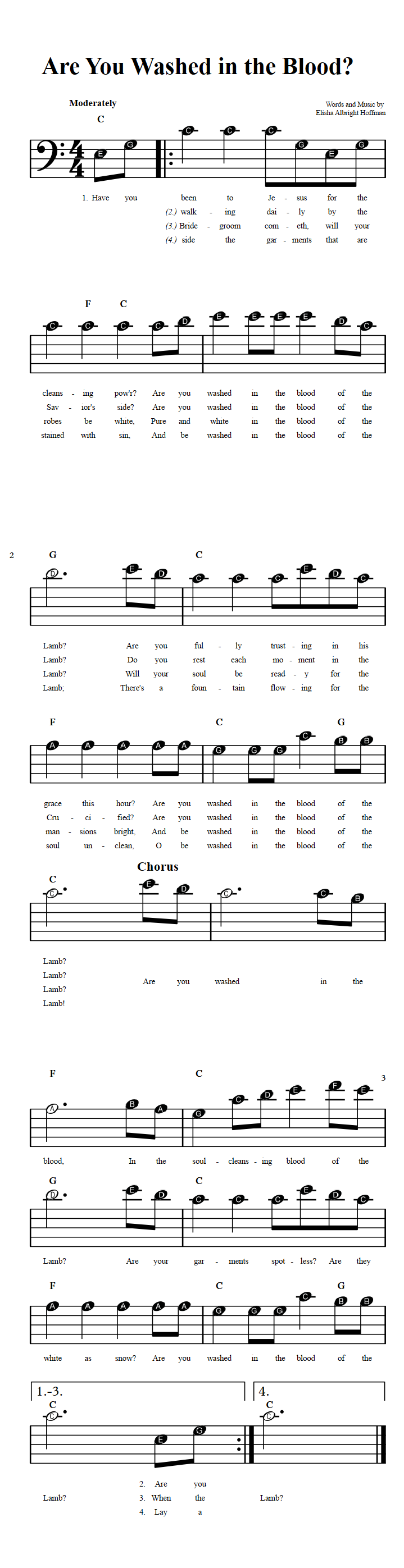 Are You Washed in the Blood?  Beginner Bass Clef Sheet Music