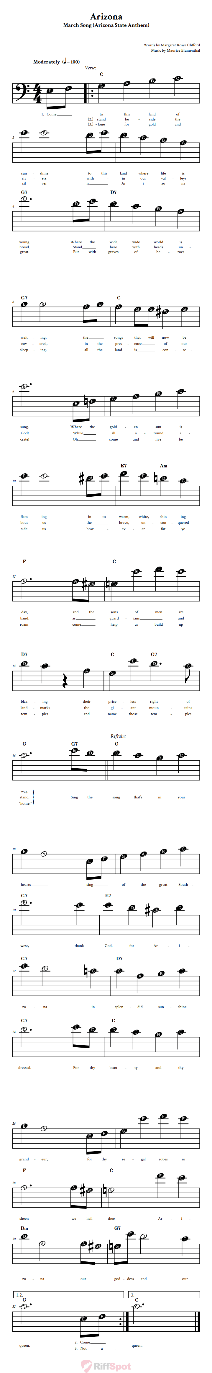 Arizona Beginner Bass Clef Sheet Music With Letters for Note Names