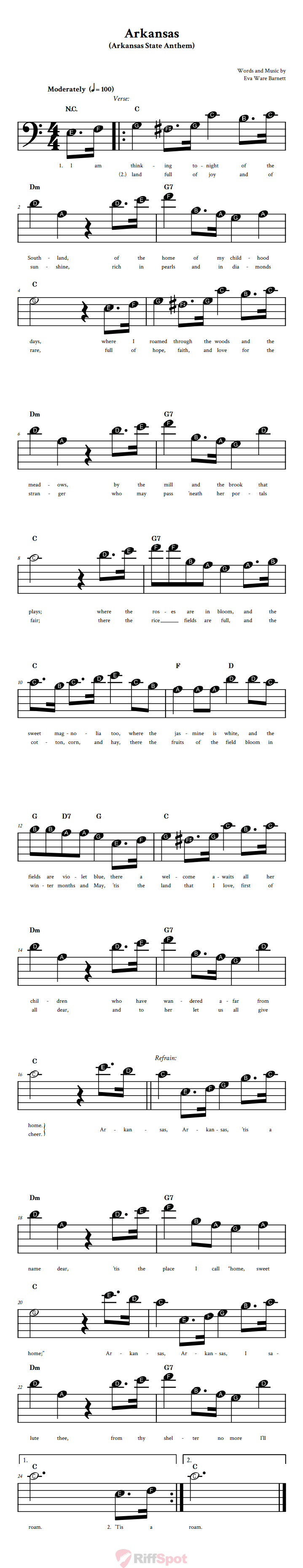 Arkansas Beginner Bass Clef Sheet Music With Letters for Note Names