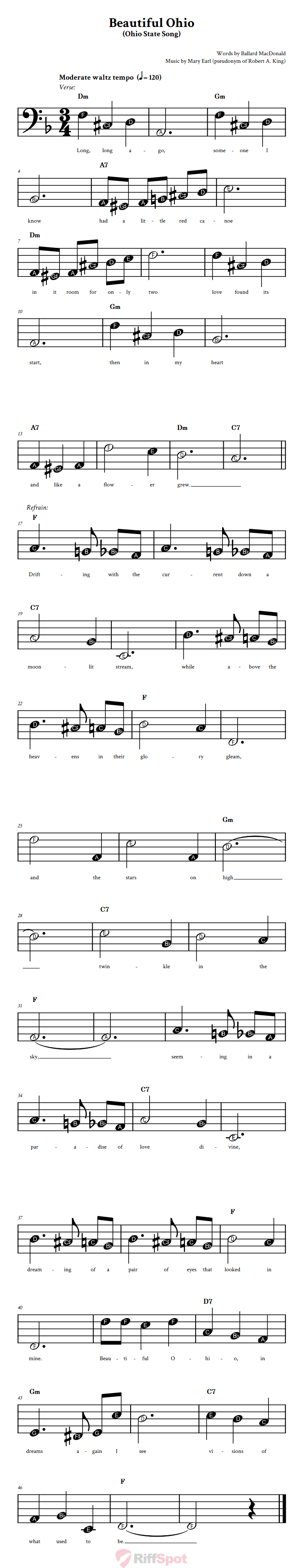 Beautiful Ohio Beginner Bass Clef Sheet Music With Letters for Note Names