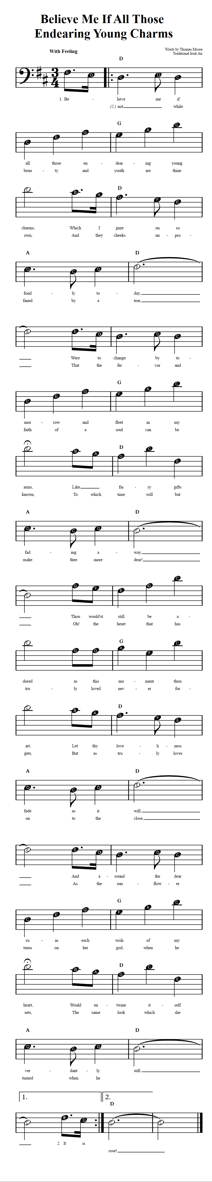 Believe Me If All Those Endearing Young Charms  Beginner Bass Clef Sheet Music