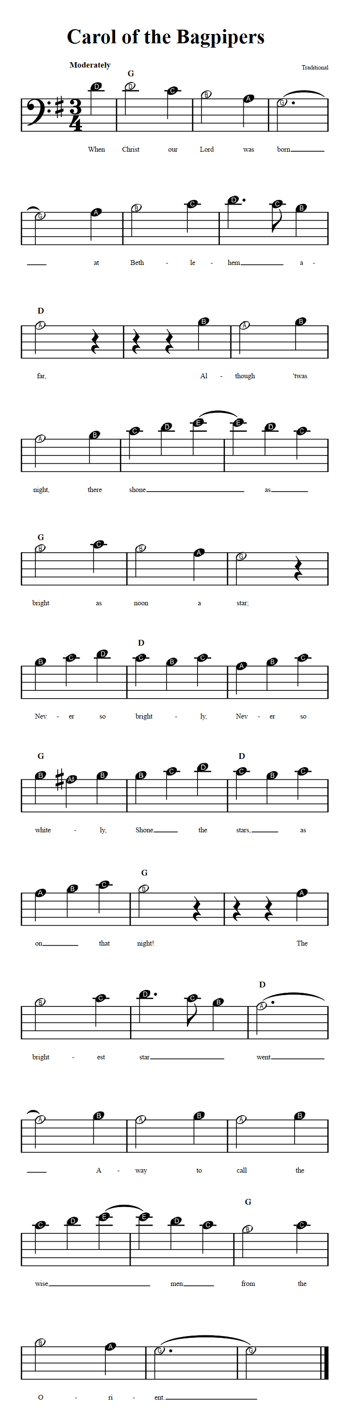 Carol of the Bagpipers  Beginner Bass Clef Sheet Music