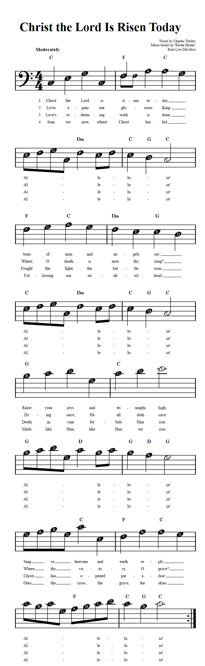 Christ the Lord Is Risen Today: Beginner Bass Clef Sheet Music with ...