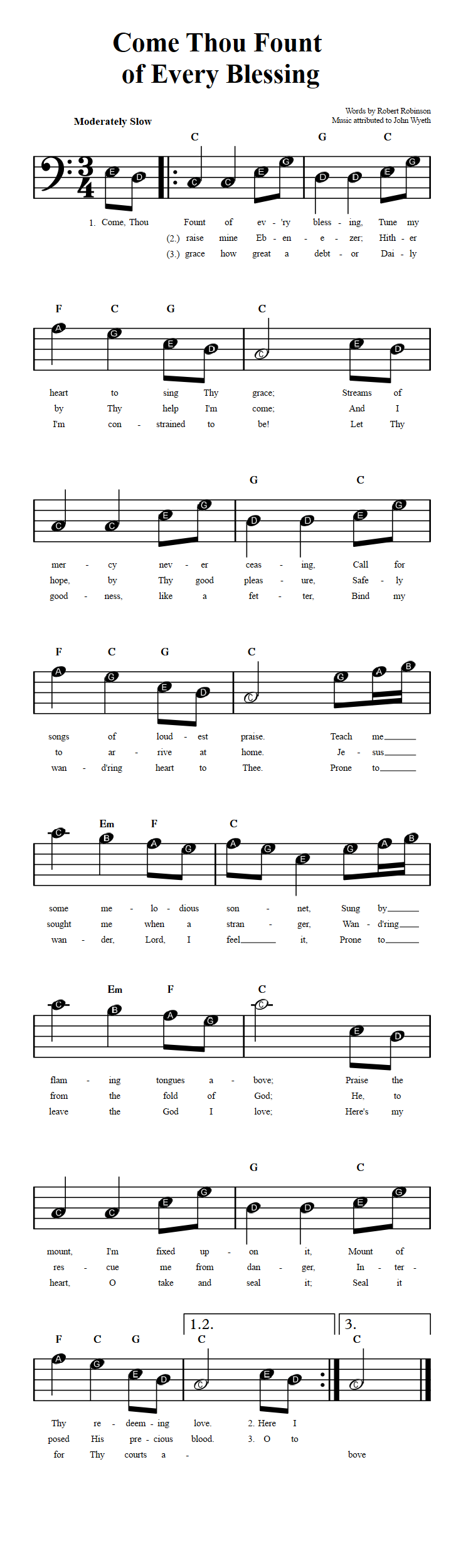 Come Thou Fount of Every Blessing  Beginner Bass Clef Sheet Music