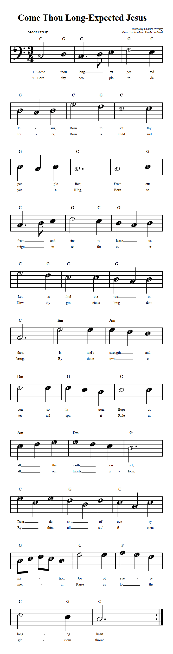 Come Thou Long-Expected Jesus  Beginner Bass Clef Sheet Music