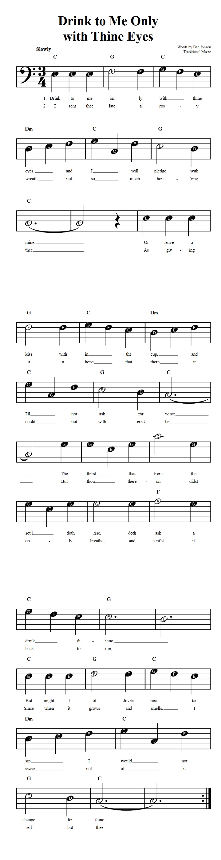 Drink to Me Only with Thine Eyes  Beginner Bass Clef Sheet Music
