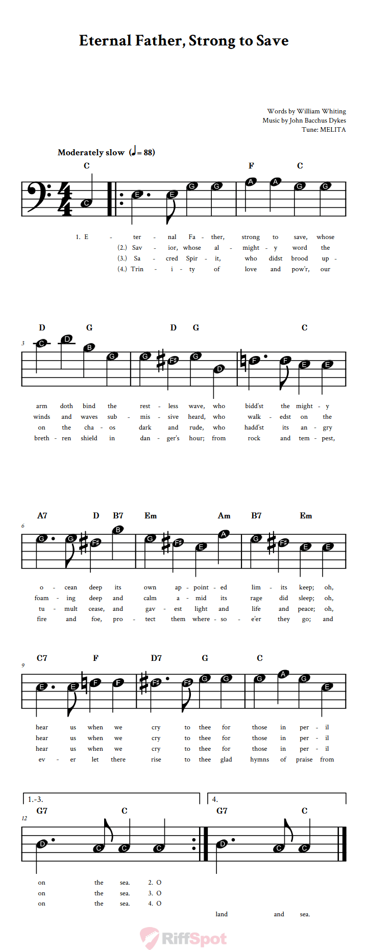 Eternal Father, Strong to Save Beginner Bass Clef Sheet Music With Letters for Note Names