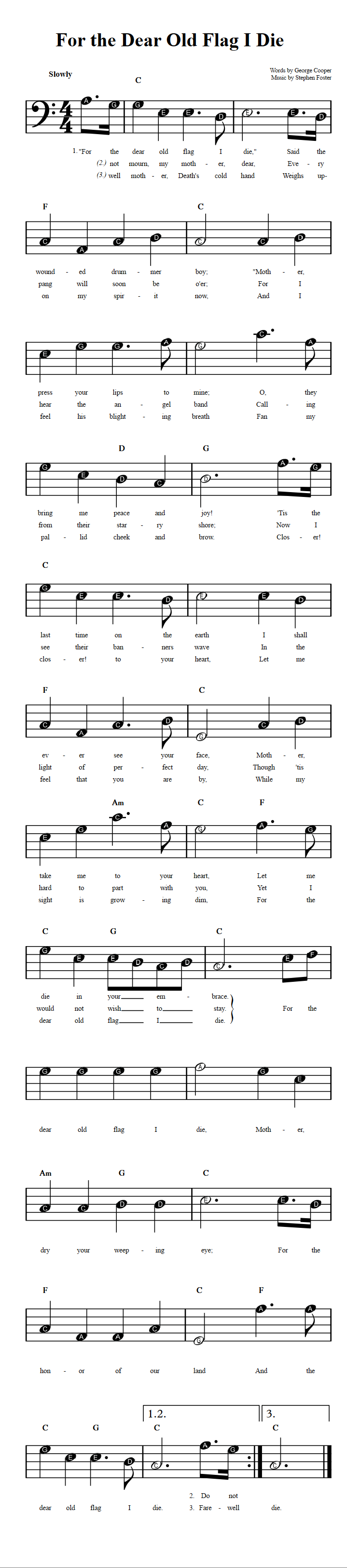 For the Dear Old Flag I Die  Beginner Bass Clef Sheet Music