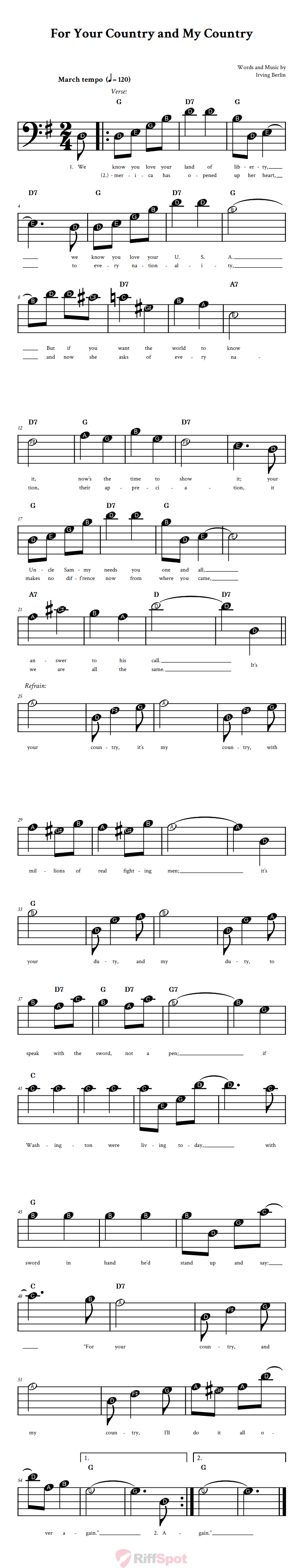 For Your Country and My Country Beginner Bass Clef Sheet Music With Letters for Note Names