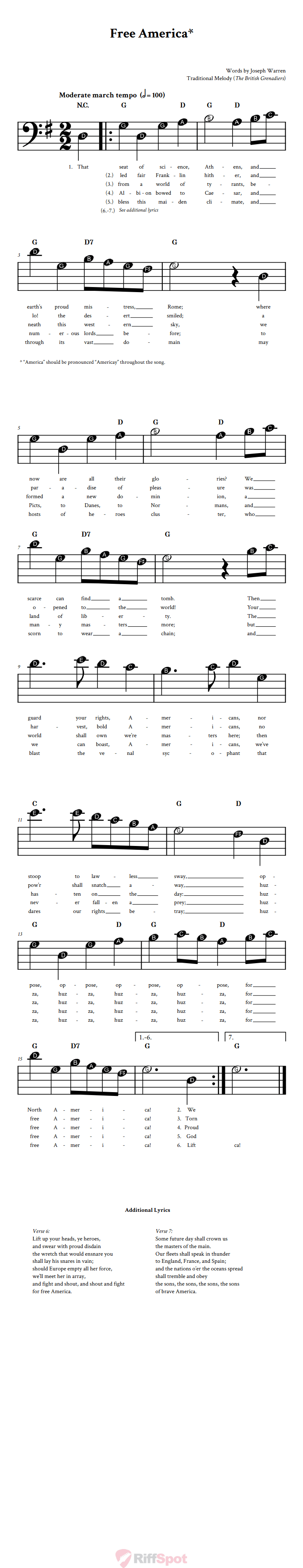 Free America Beginner Bass Clef Sheet Music With Letters for Note Names