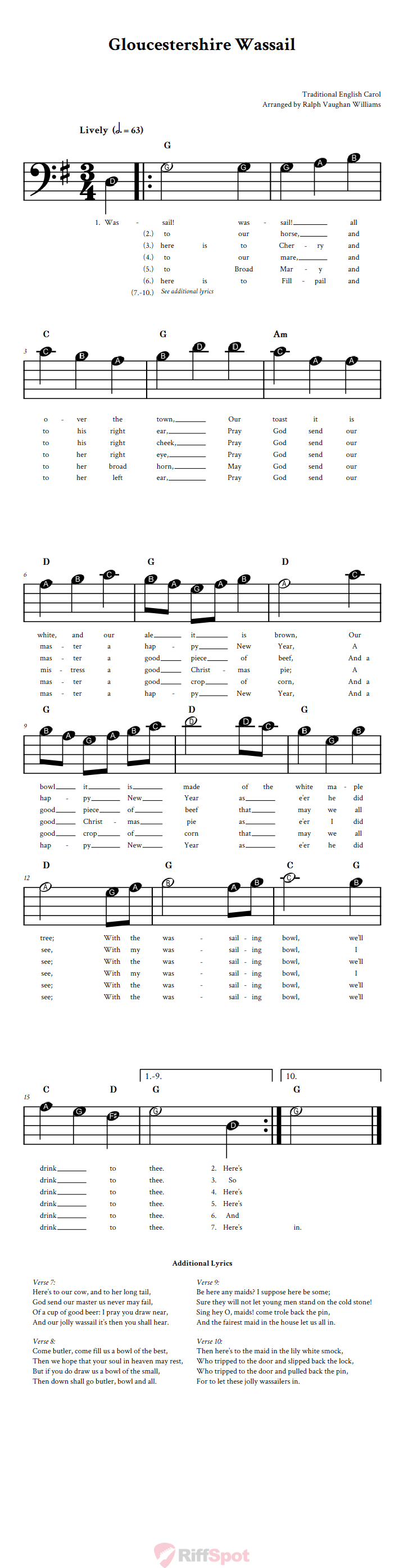 Gloucestershire Wassail Beginner Bass Clef Sheet Music With Letters for Note Names
