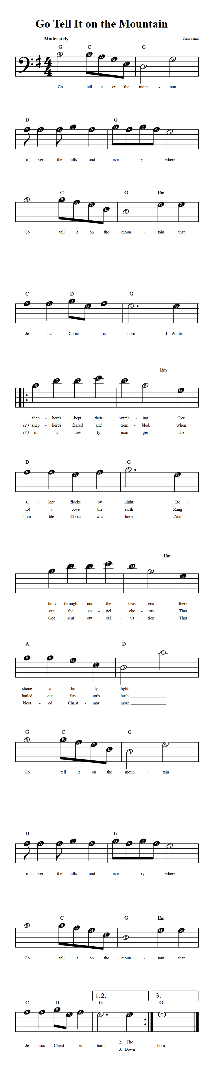 Go Tell It on the Mountain  Beginner Bass Clef Sheet Music