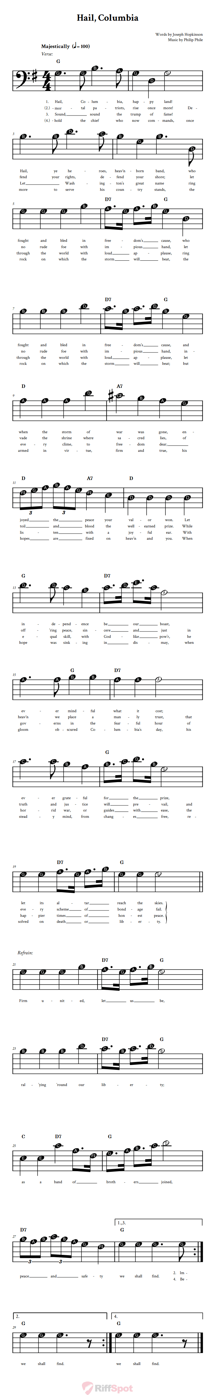 Hail, Columbia Beginner Bass Clef Sheet Music With Letters for Note Names