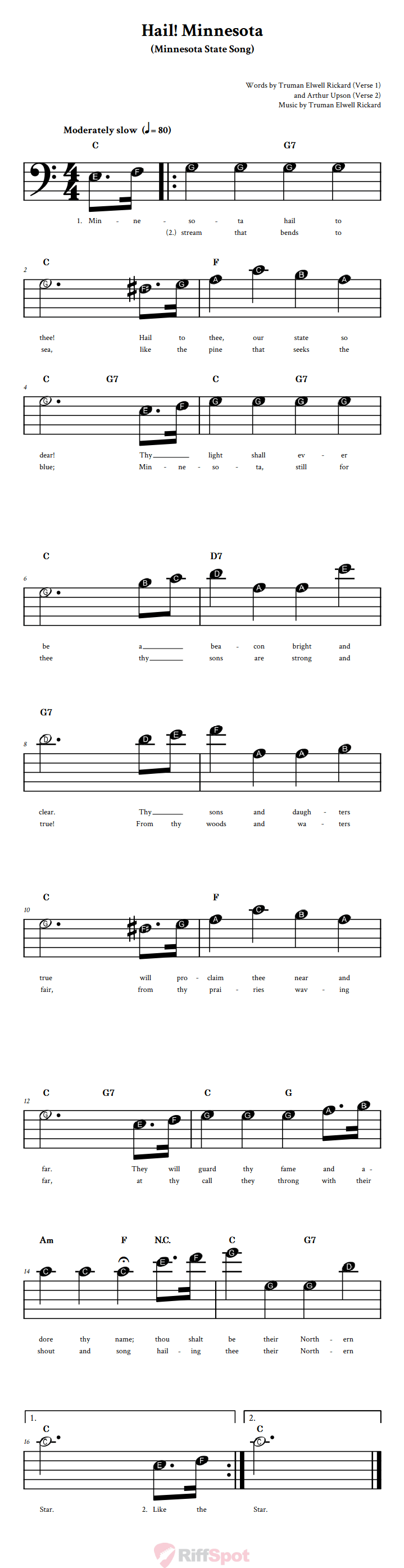 Hail! Minnesota Beginner Bass Clef Sheet Music With Letters for Note Names