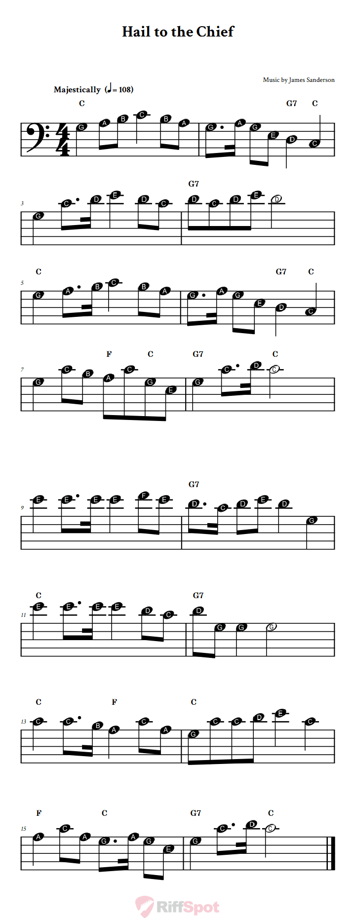 Hail to the Chief Beginner Bass Clef Sheet Music With Letters for Note Names