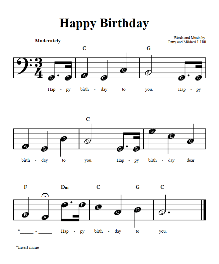 Happy Birthday: Beginner Bass Clef Sheet Music with Chords and Lyrics