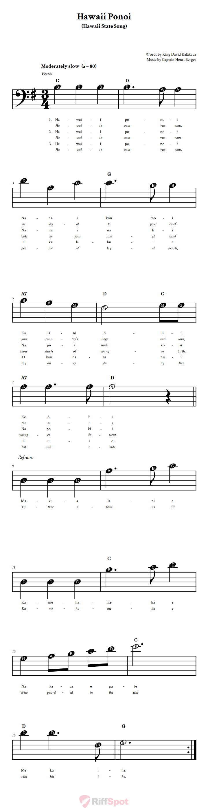 Hawaii Ponoi Beginner Bass Clef Sheet Music With Letters for Note Names