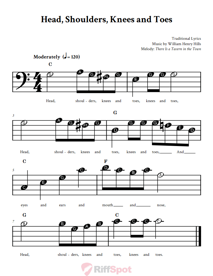 Head, Shoulders, Knees and Toes Beginner Bass Clef Sheet Music With Letters for Note Names