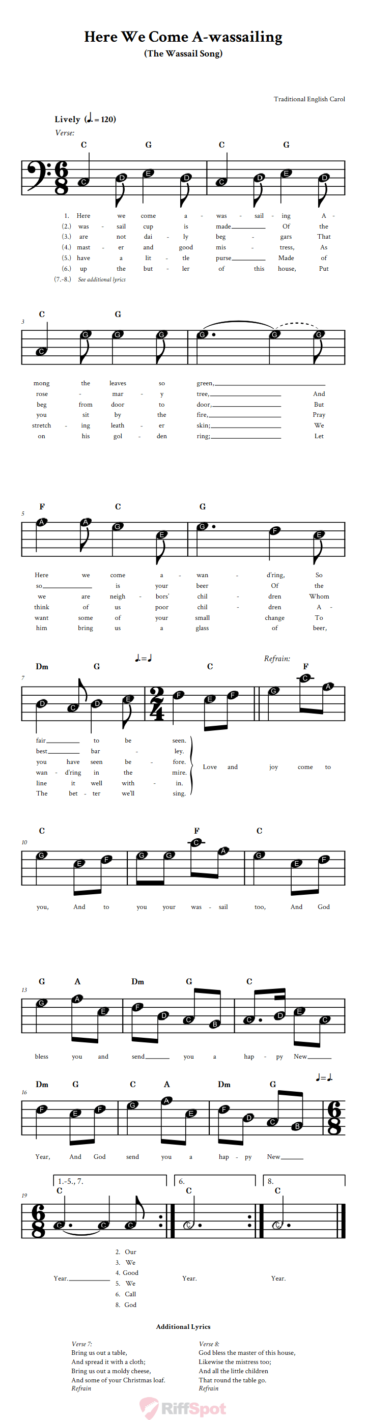 Here We Come A-wassailing Beginner Bass Clef Sheet Music With Letters for Note Names