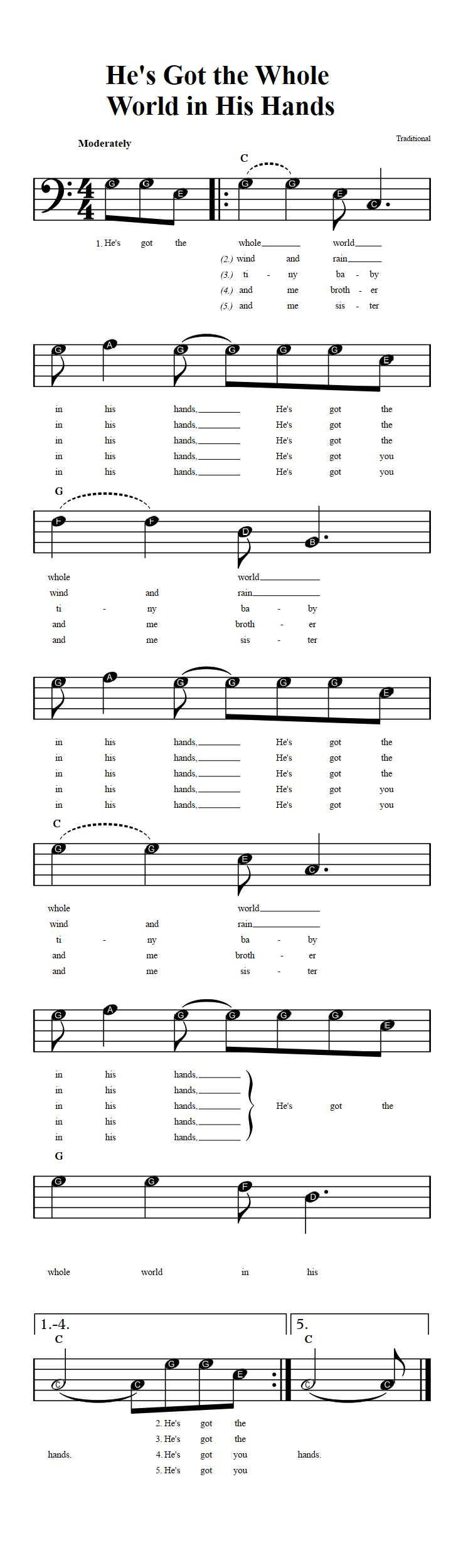 He's Got the Whole World in His Hands  Beginner Bass Clef Sheet Music