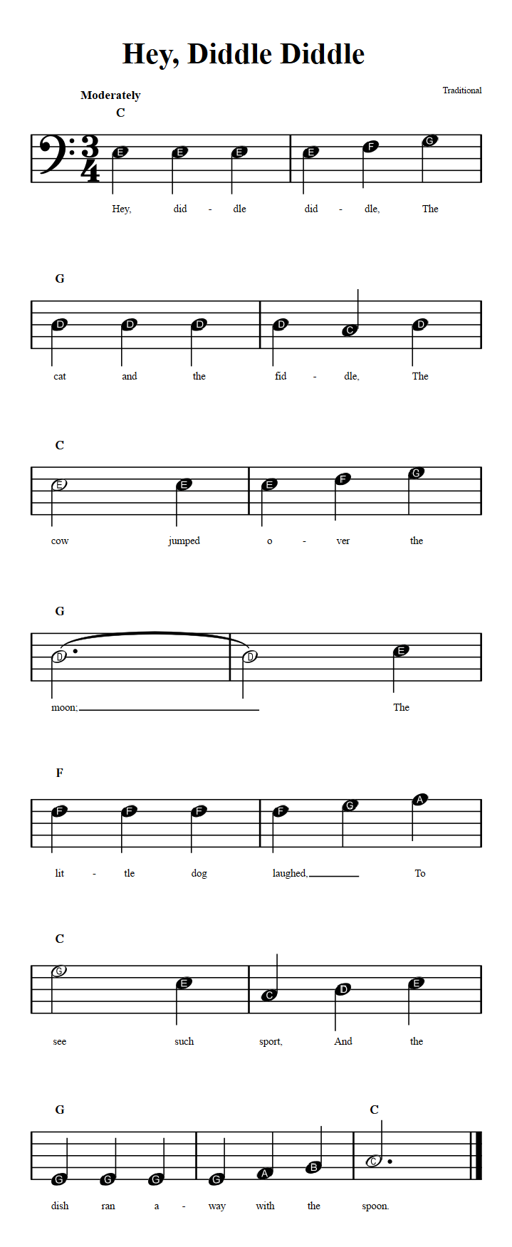 Hey, Diddle Diddle  Beginner Bass Clef Sheet Music