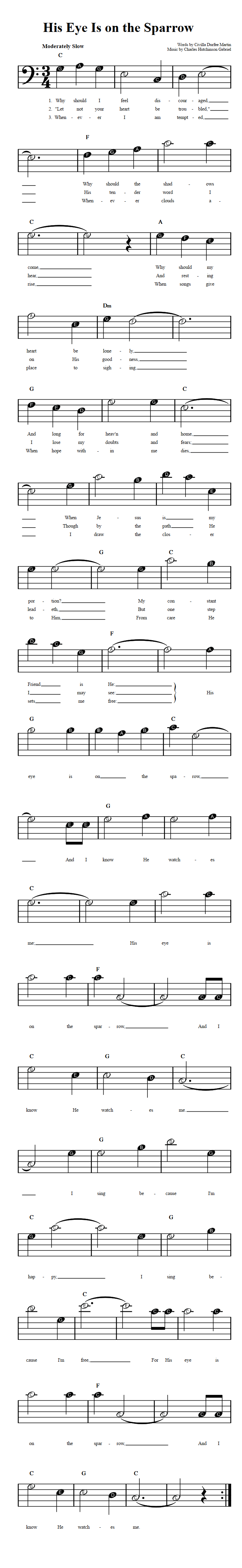 His Eye Is on the Sparrow  Beginner Bass Clef Sheet Music