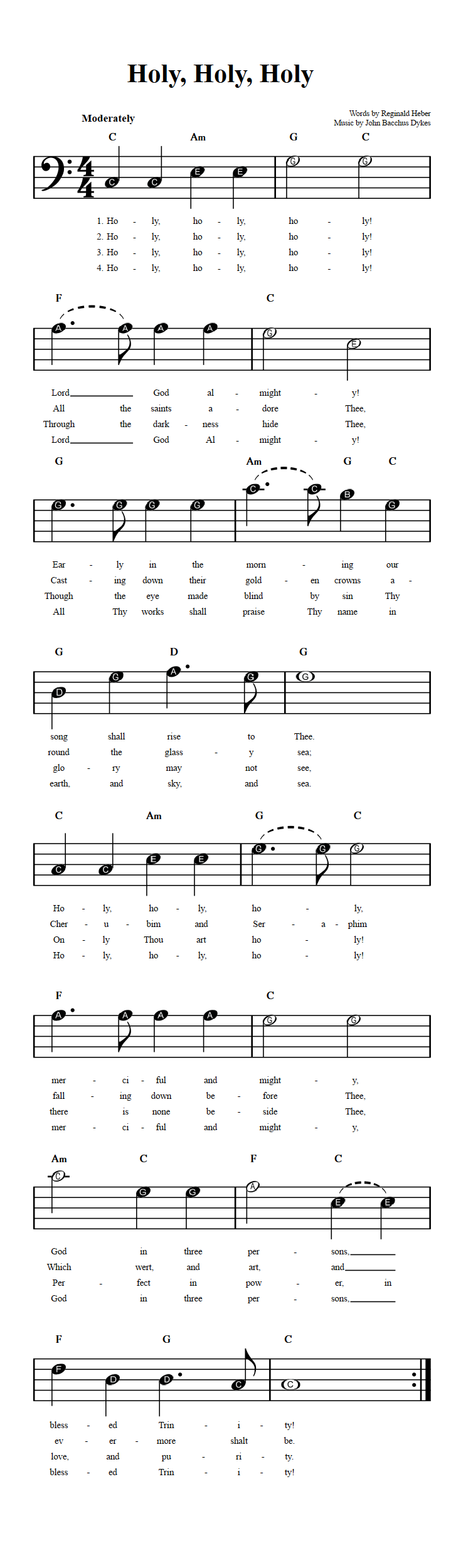 Holy, Holy, Holy  Beginner Bass Clef Sheet Music