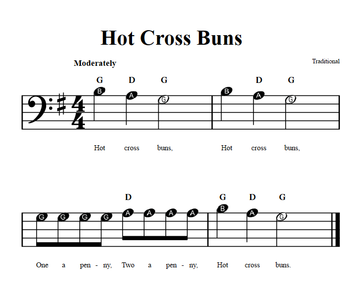 Hot Cross Buns  Beginner Bass Clef Sheet Music