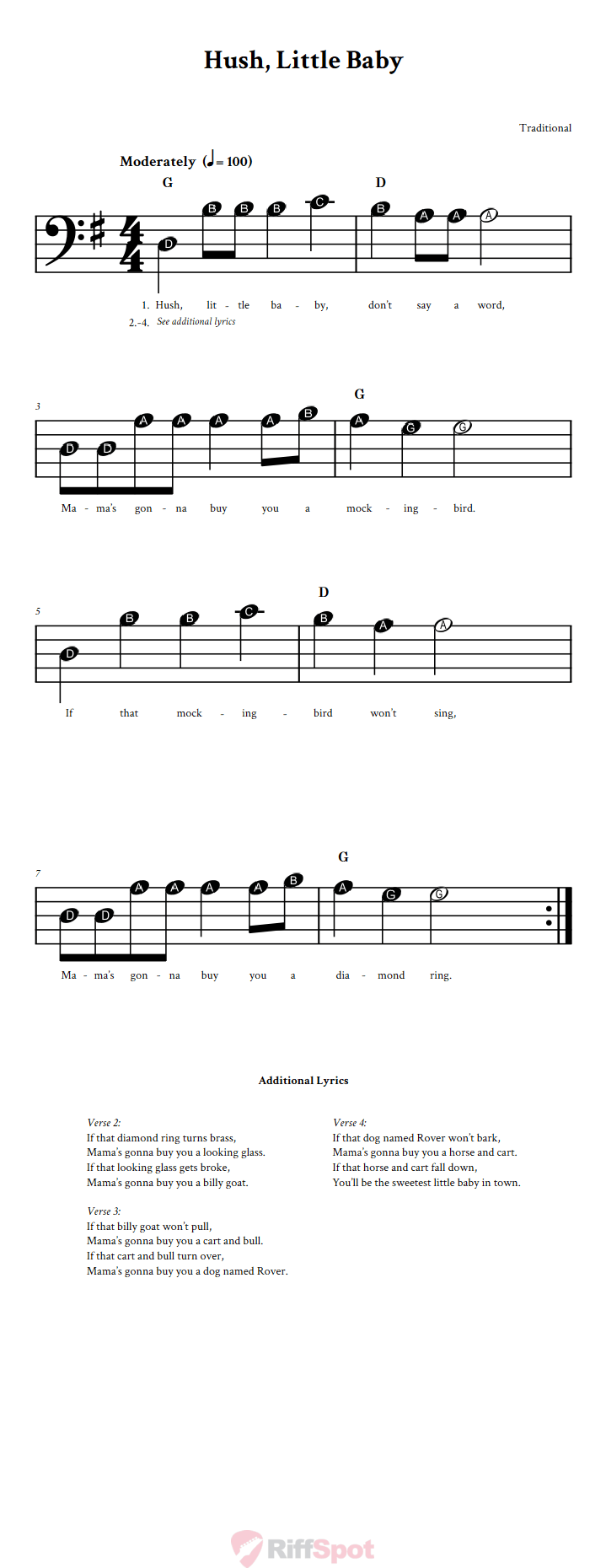 Hush, Little Baby Beginner Bass Clef Sheet Music With Letters for Note Names
