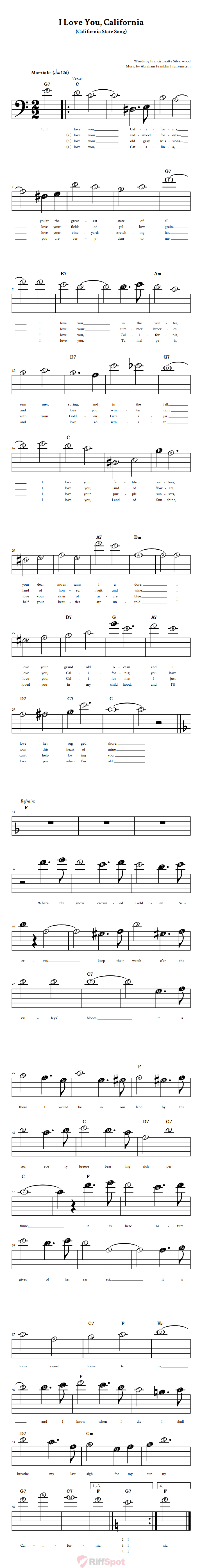 I Love You, California Beginner Bass Clef Sheet Music With Letters for Note Names