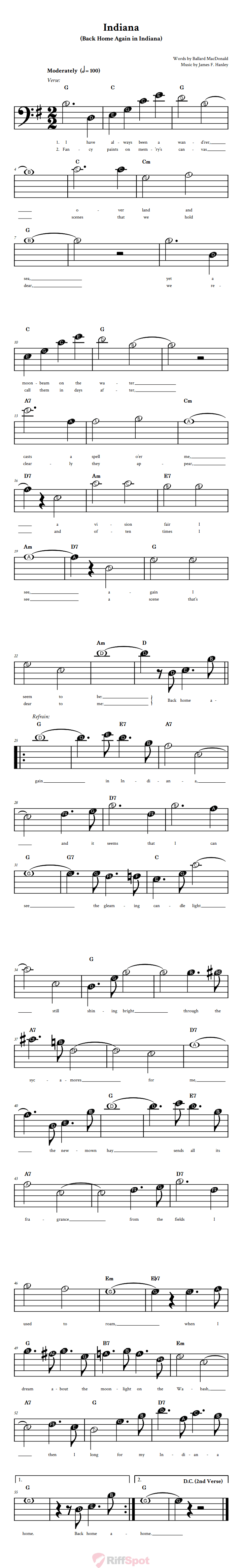 Indiana Beginner Bass Clef Sheet Music With Letters for Note Names
